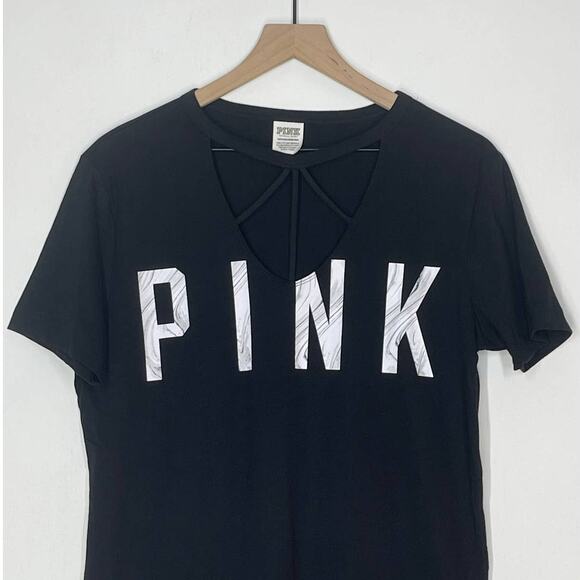 PINK Victoria's Secret White Logo Open Neck Black T-Shirt Top Women's Size XS - Picture 3 of 8